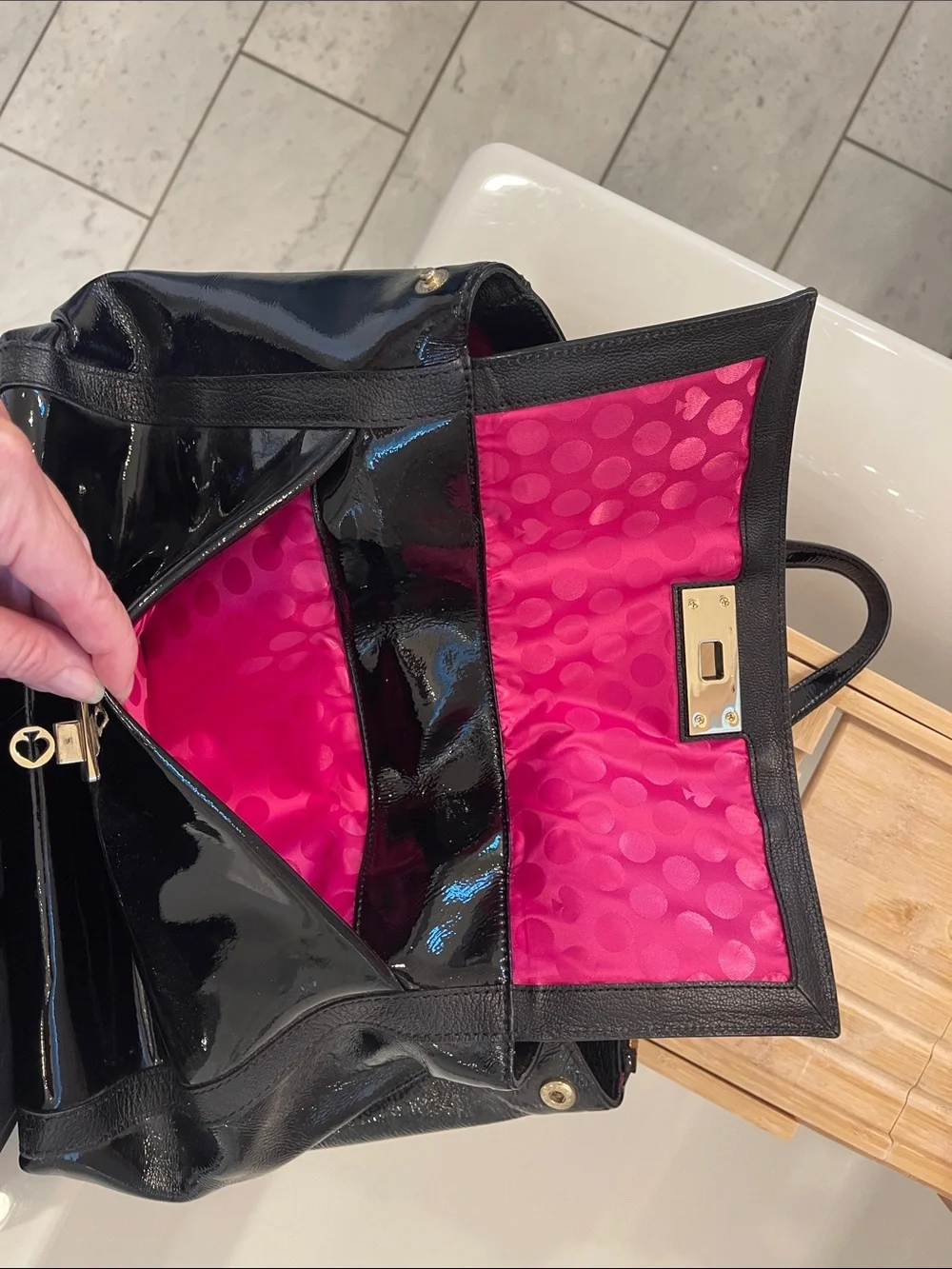 Kate Spade New York black Patent Designer Leather Tote Bag - Classic